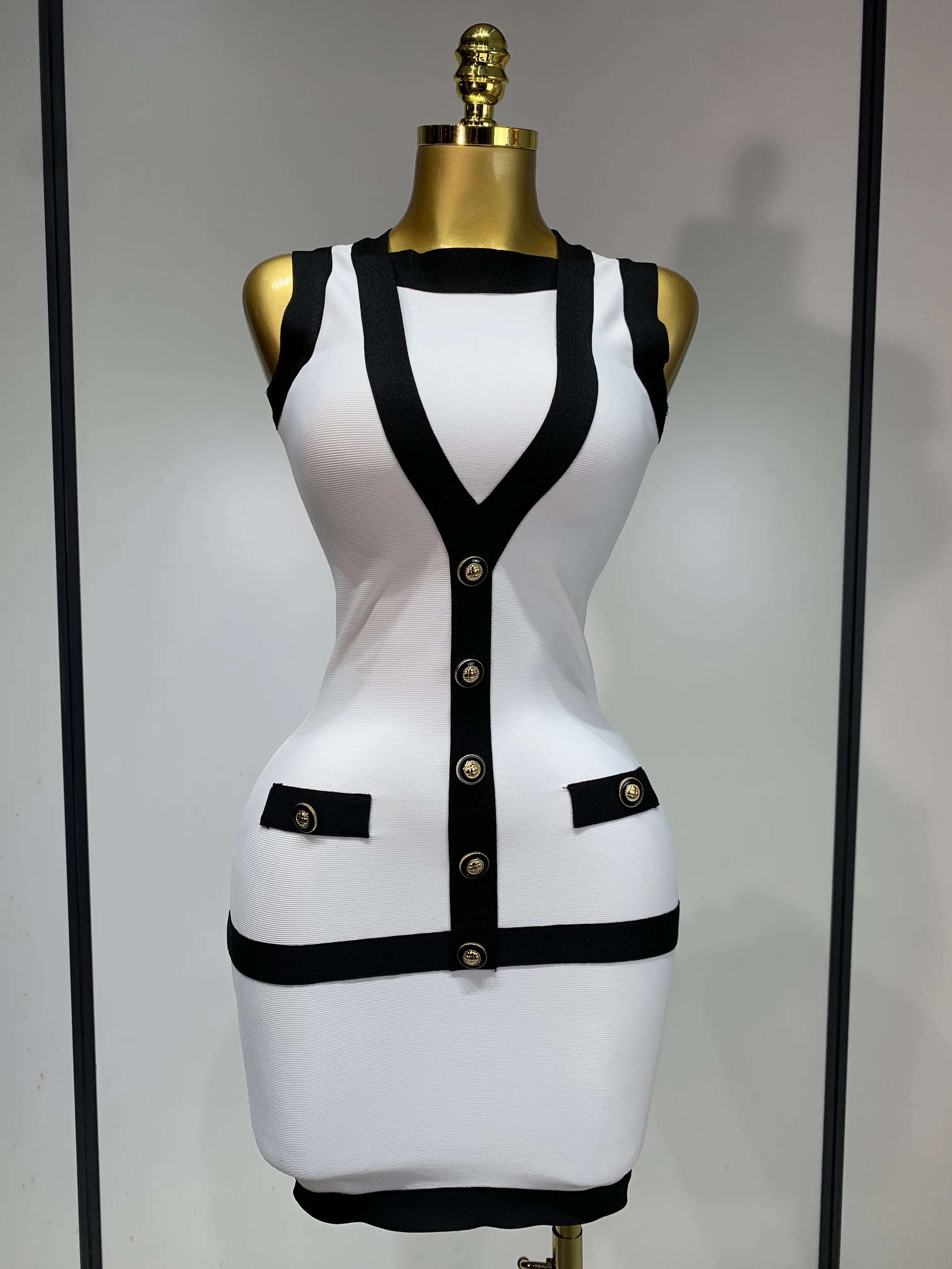 Women Sexy Backless Black White Button Mini Bandage Short Celebrity Elegant Evening Party Holiday Club Dress
