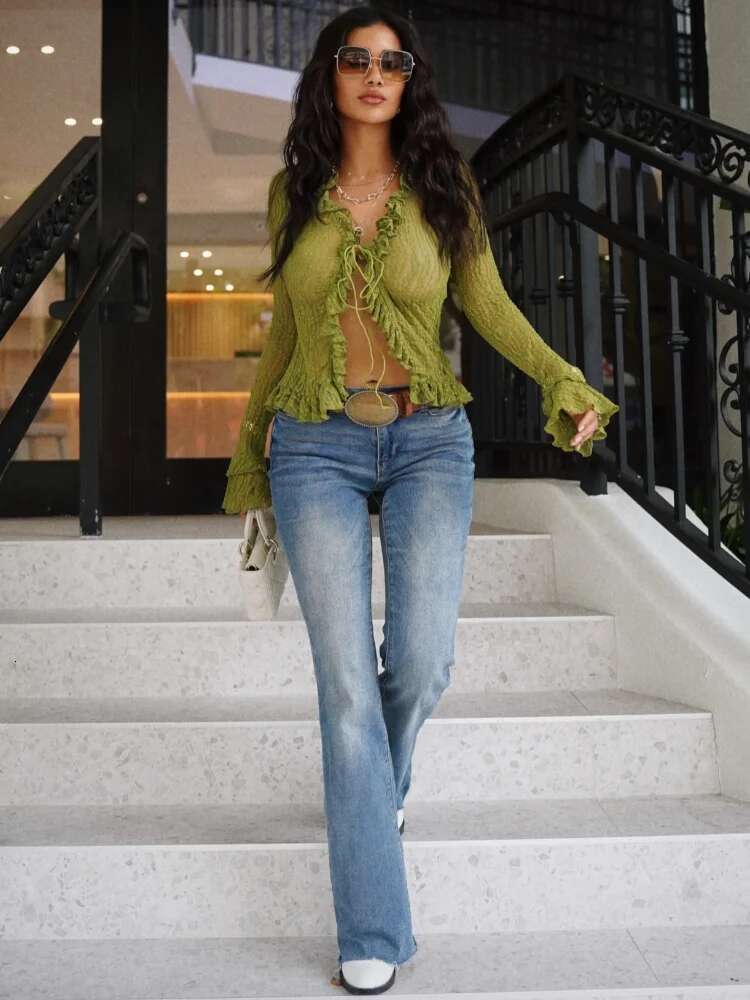 hoodie Tassels Green Rufflle Women Blouse Fashion Flare Sleeve V Neck Gauze Retract Waist Shirt 2025 New Summer Female Daily Street Top jacket