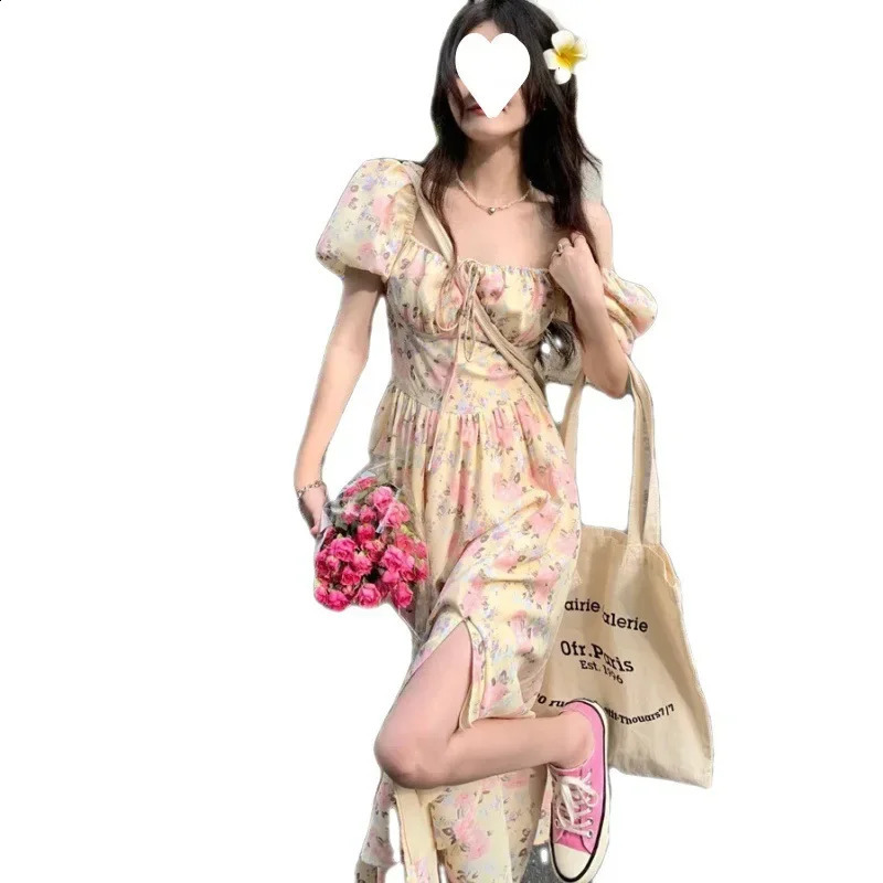 Sweet n Sense Waist Fold Bubble Sleeve Split Long Knee Summer Womens Super Dress 250327