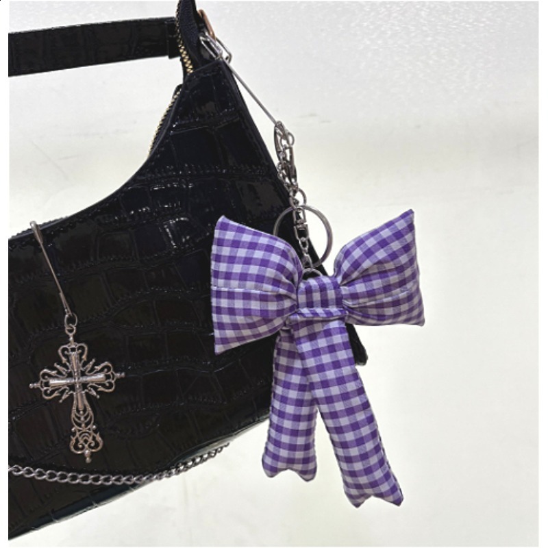 Korean Ins style minimalist blue pink checkered bow accessory keychain cute sweet high-end handbag pendant