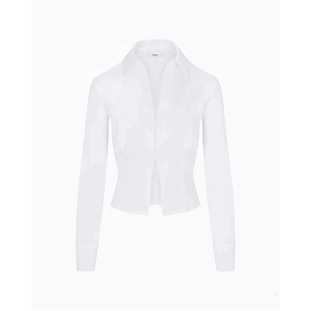 Kylie Same Style~Khy Poplin Double Zipper Short Shirt Drop007 Stand Up Collar Slimming Top