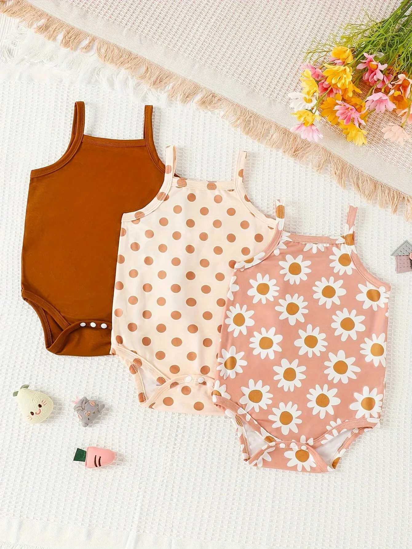 3 pairs/batch of summer baby girls newborn baby straps Onesie 3 cute polka dot flower patterns cool breathable comfortable Onesie Z250331