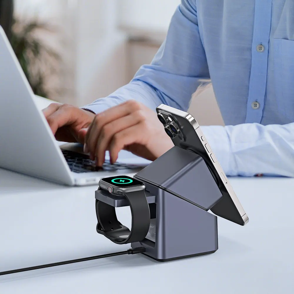 4-in-1 Magnetic Wireless Charger Stand with Auto-Rotating Phone Holder, 15W Fast Charging, LED Desk Clock & Touch Control | Smart Desk Organizer