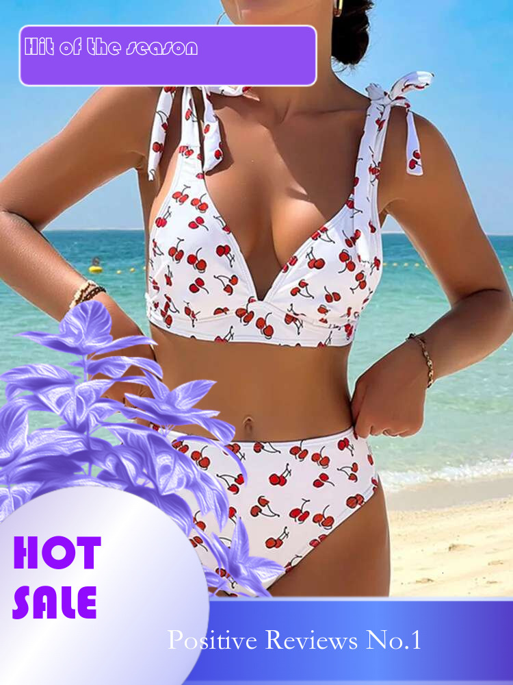 Dongdumaoyi Black Cherry Print Bikini Set Women Tie Up Strap V Neck Push High Waist Swimsuit Cut Out Bathing Suit Two Piece Swimwear