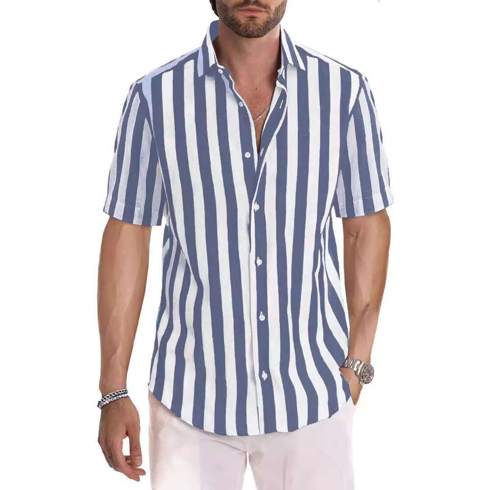 Ins Summer European and American Men's Beach Color Weaving Striped Collar Short Sleeve Shirt 2025 New Casual Fashion Trendy Clothing