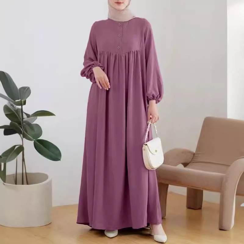 Abaya Fashion New Muslim Women's Robe Fashion Casual Bubble Sleeves Simple Loose Solid Color Dress
