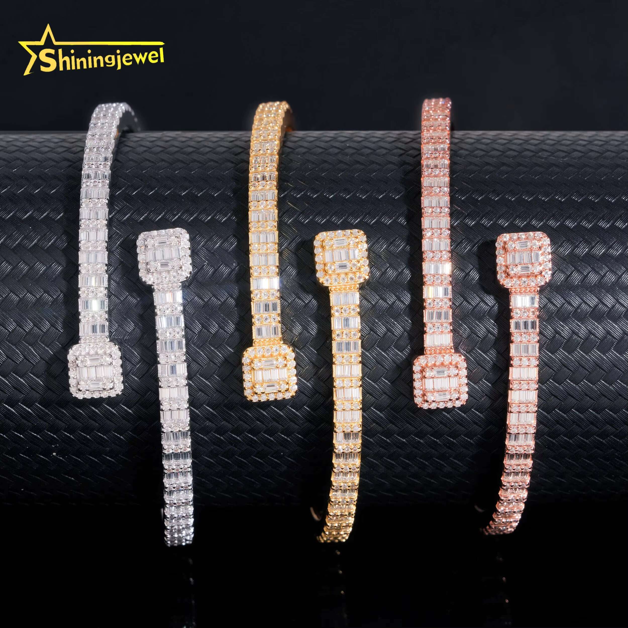 Worldwide Shipping Fine Jewelry Trendy S925 Silver Gold Plated VVS Baguette Moissanite Diamond Bangle Bracelet