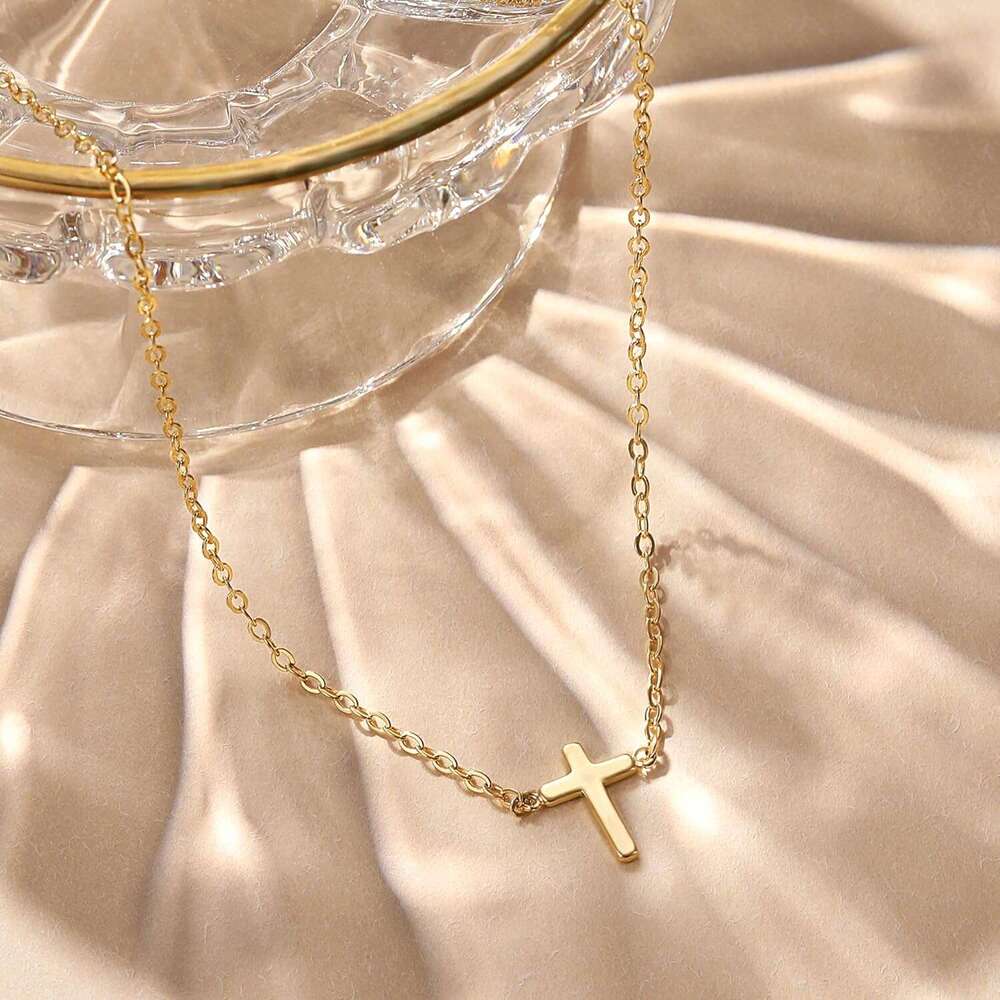 Dainty Necklace Women, 14K Plated Simple Choker Small Cross Pendant Tiny Cute Necklaces Handmade Aesthetic Gold Jewelry for Women