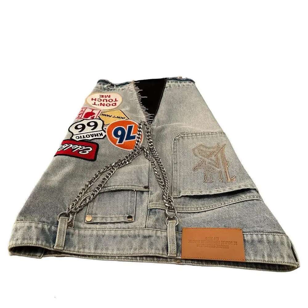 Shorts Streetwear Patchwork Short Y2k Jeans Men Women Hip Hop Cartoon Graphics Retro Blue Loose Denim Fiess Casual Shorts