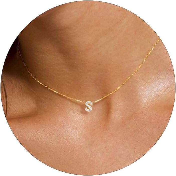 Women Dainty Simple CZ Initial Choker Necklace Tiny Letter Pendant Monogram Name Trendy Gold Alphabet Necklaces for Teen Girls Gift