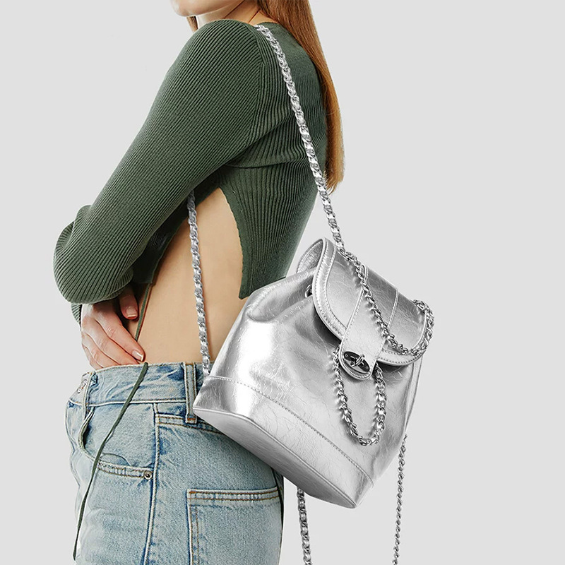 South Korea small niche real cowhide high-grade sense chain lightweight small fragrance backpack