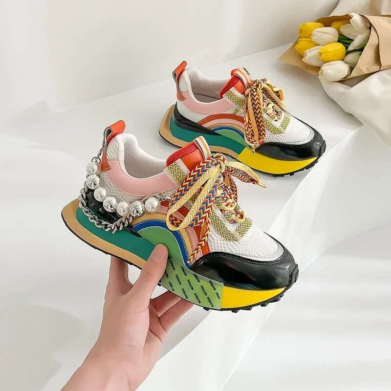 Light Luxury Designer Shoes Women's Genuine Leather Sports Shoes Lace Up Rainbow Color Platform Pearl Chain Patch Fashionable Girls' Breatha