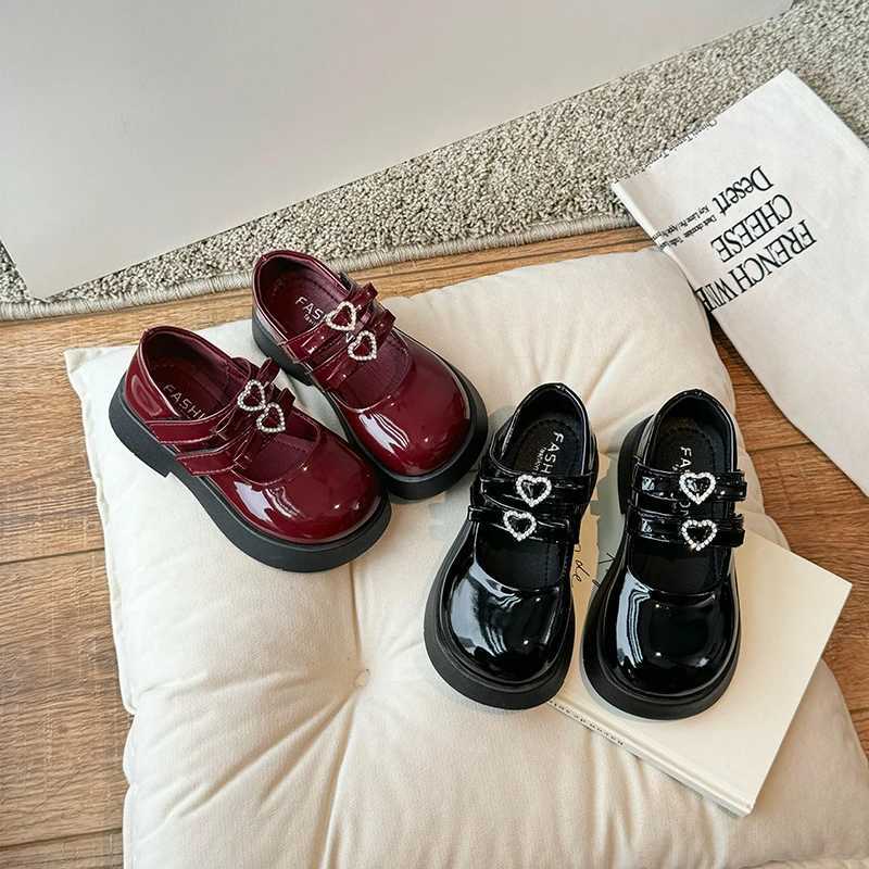 Spring Wine Childrens Leather Shoes Red and Black Elegant Girl Mary Jens Short and Fat Hook and Loop Beautiful and Comfortable Childrens Shoes 26-36XJ