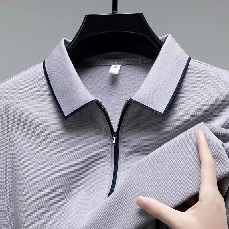 Lightweight long sleeved mens polo shirt with automatic fashion lapel and half zipper n premium silk casual Tshirt 250321