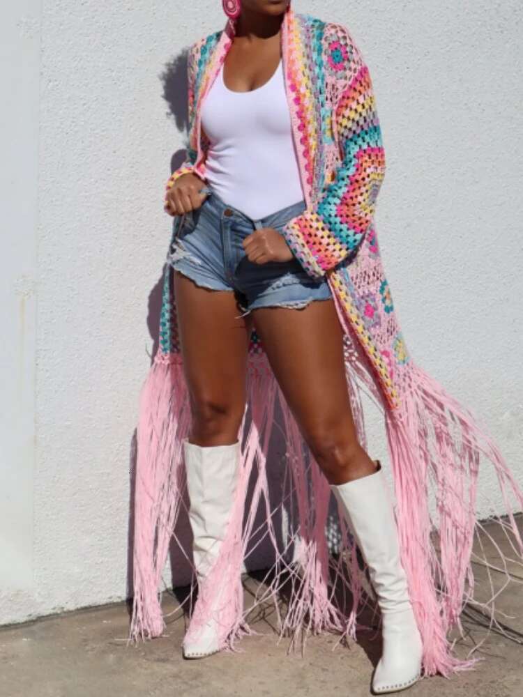 hoodie Women's Cardigan Handmade Crochet Beach Cover Coat Loose And Irregular Tassel Shirt Tie Up Mixed Color Pure Hand Hook Jackets jacket