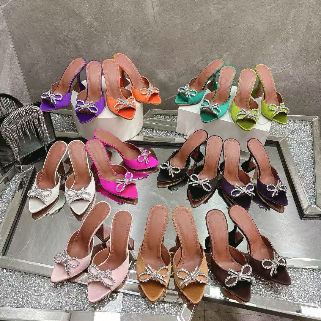 crystal embellishery strap slippers slip on mules evening shoes Rhinestone spool Heel women's heels Luxury Designers heeled sandals With box 35-43 slippers