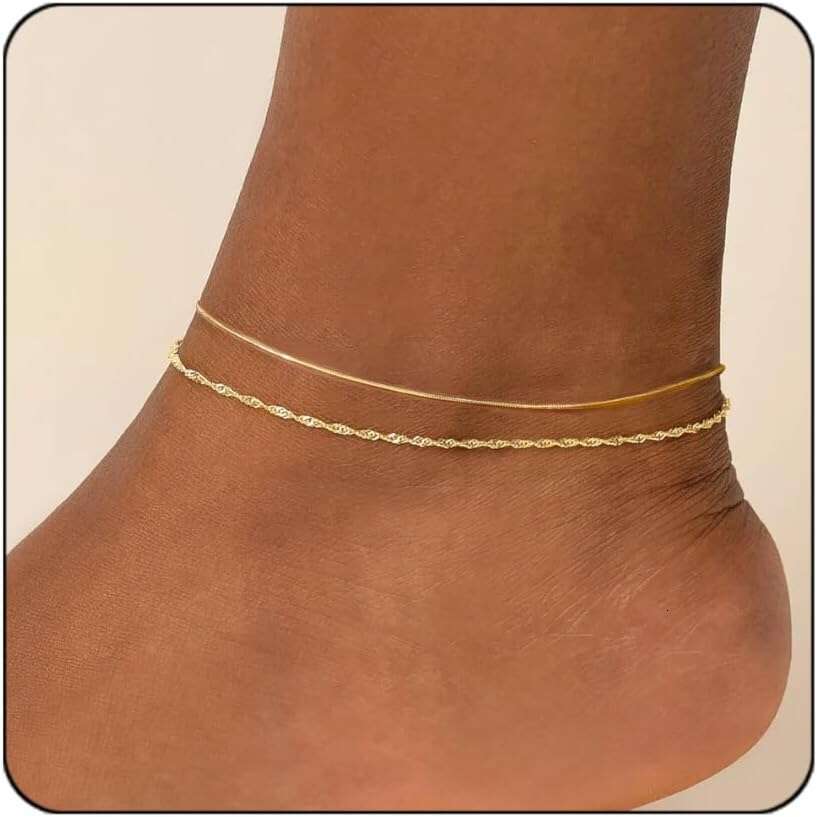 Ankle Bracelets Waterproof, Gold Plated Layered Thin Snake Chain Herringbone Anklets Non Tarnish Stainless Steel Dainty Summer Jewelry Set Gift For Women