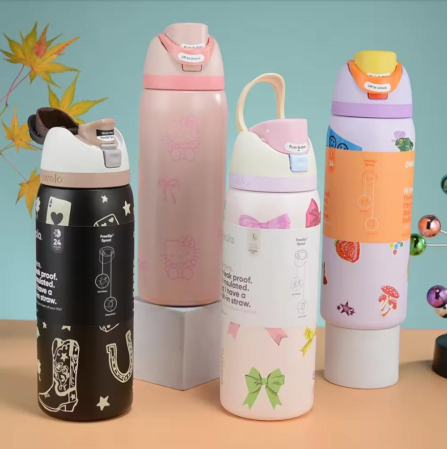 Owala Cat Design Cup Vacuum Flasks Thermoses Water Bottles 32oz Drinkware Thermo Tumbler Stainless Steel Thermal Mug Original Cold Coffee 24oz 0331