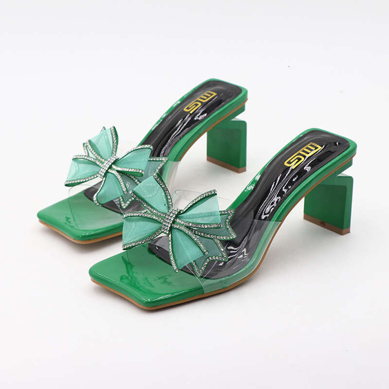 Heel Sandals Korean Version Summer New Coarse Heel Bow Semi Transparent Rhinestone Women S Shoes Wearing High Heels And Straight Sandals For Women