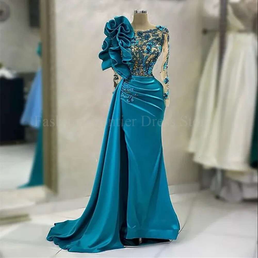 Elegant Long Sleeve Appliques Ruched Prom Dresses Mermaid Or Length 0-Neck Fashion Beading Formal Ocns Evening Gowns Dr0331