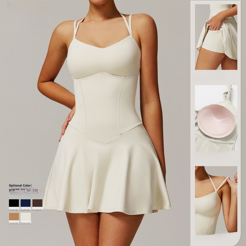 2025--Women's pocket bottom A-line short skirt Adjustable camisole dress Running sports tennis skirt