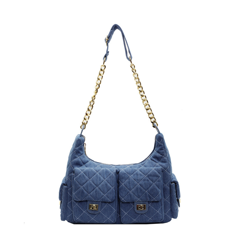Xiaoxiangfeng diamond grid chain women's 2025 new multi pocket shoulder crossbody washed denim armpit bag