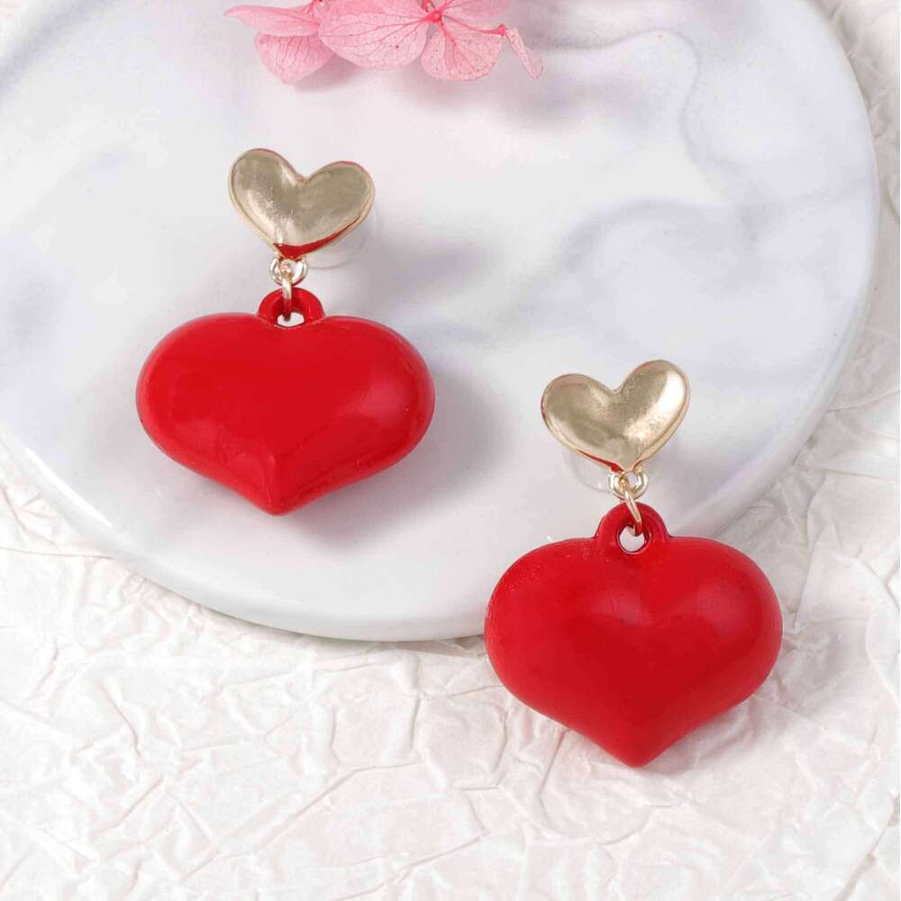 Retro Red Enamel Heart Drop Earrings Minimalist Stylish Sexy Versatile Women Daily Wear