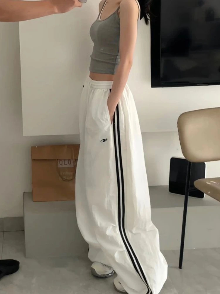 Adagirl white striped womens Y2k retro loose embroidered high waisted Kpop wide leg sports pants hip-hop casual sports pants 250327