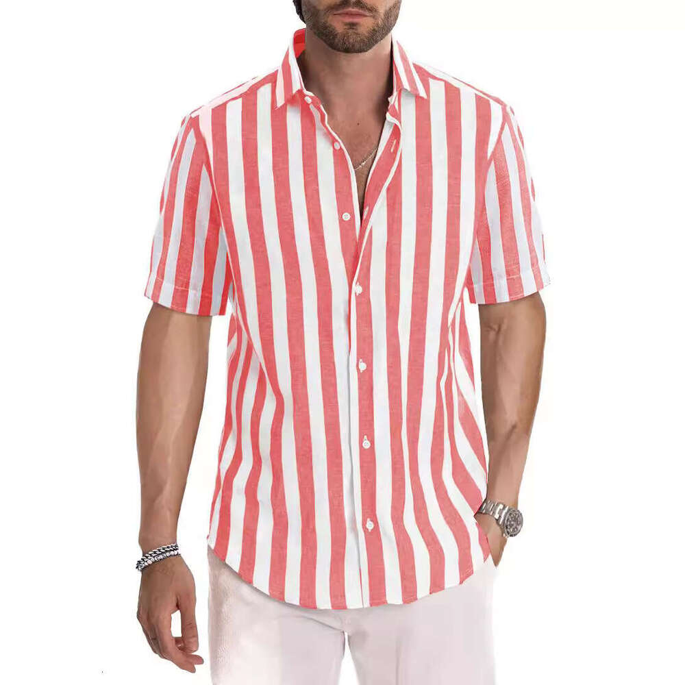 Ins Summer European and American Men's Beach Color Weaving Striped Collar Short Sleeve Shirt 2025 New Casual Fashion Trendy Clothing