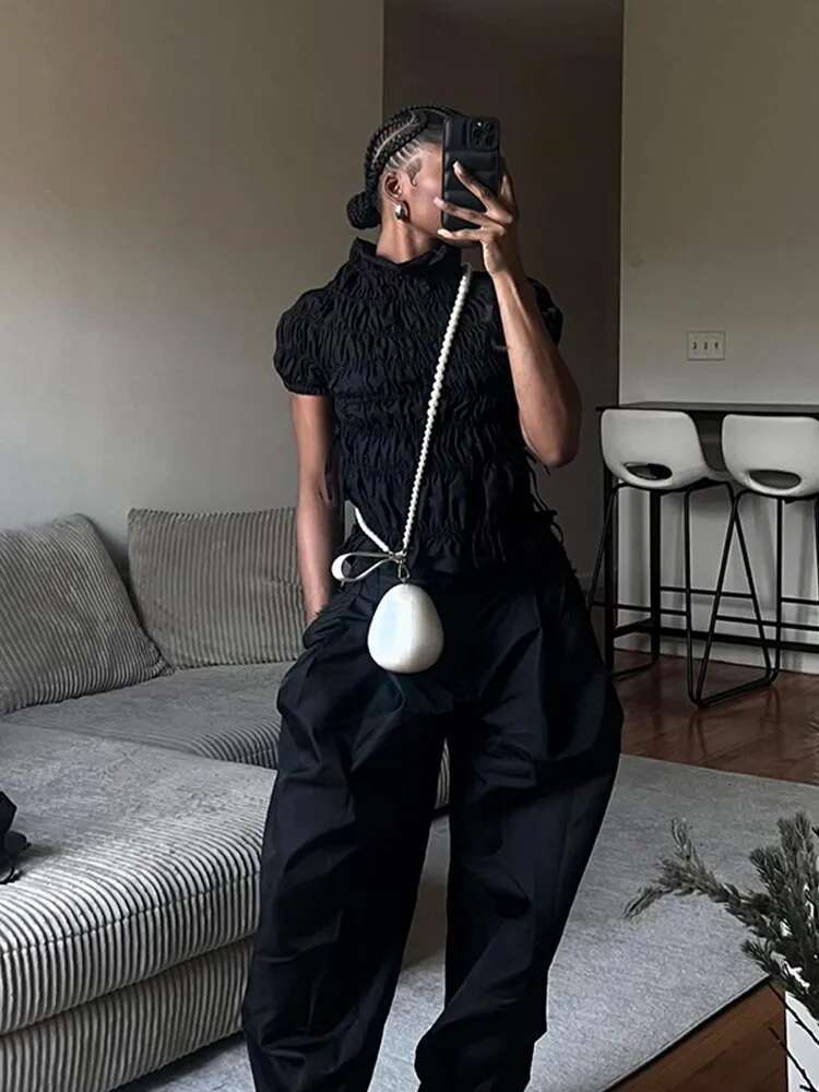Fashion Ruffles Women Solid Blouse 2025 New Straps Stand Neck Short Sleeve Layered Shirt Spring Female Commute High Street Top