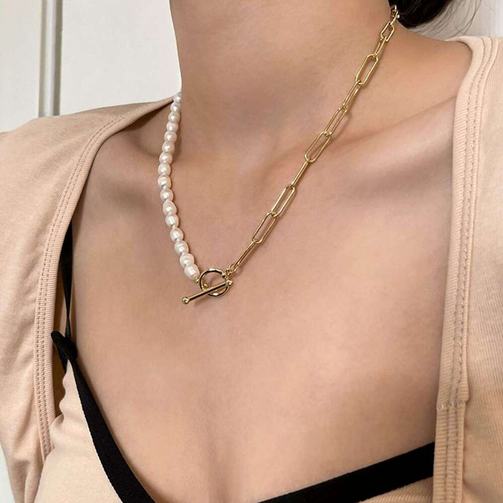 Paper Clip Pearl Necklace Vintage Chunky k Chain Baroque Cultured Pearls Gold Choker Fashion Retro Charm Valentine Jewelry for Women Girls