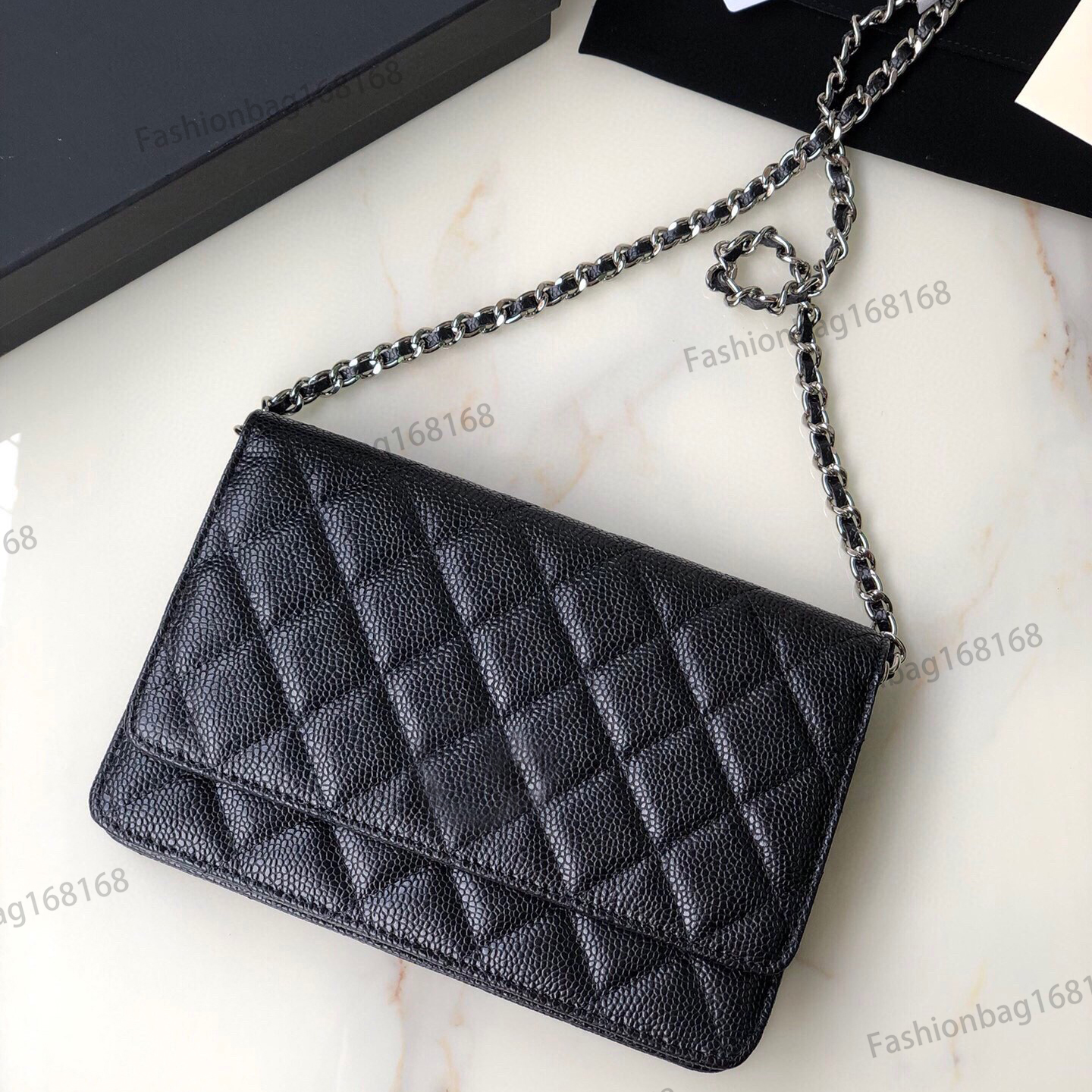 Luxury Women's Shoulder Bag - Black caviar sheepskin designer with large chain trim