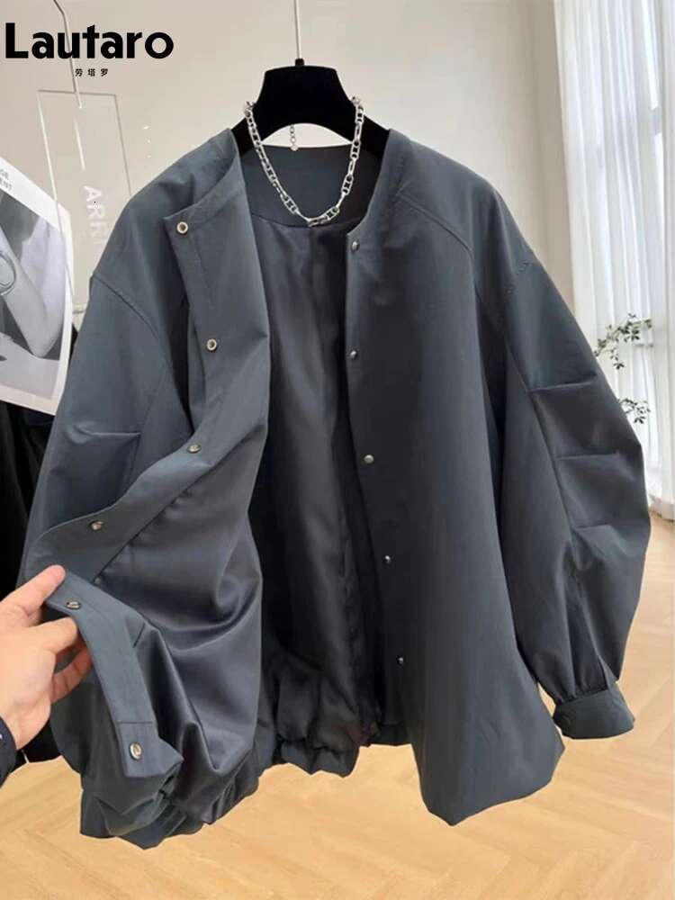 Lautaro Spring Autumn Elegant Chic Gray Jacket Women Long Sleeve Stand Collar Loose Designer Korean Style Clothing 2024