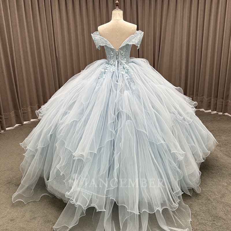Light Blue Shiny Princess Quinceanera Dresses Off Shoulder Beading Applique Lace Tull Sweet 16 Dress Ball Gown Vestidos 15 Anos