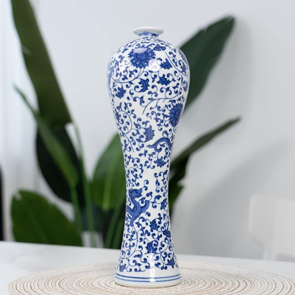 13" China Ceramic Vase Blue and White Porcelain Chinese Handmade Decorative Flower Vase for Living Room Home Decor Office Table Centerpiece