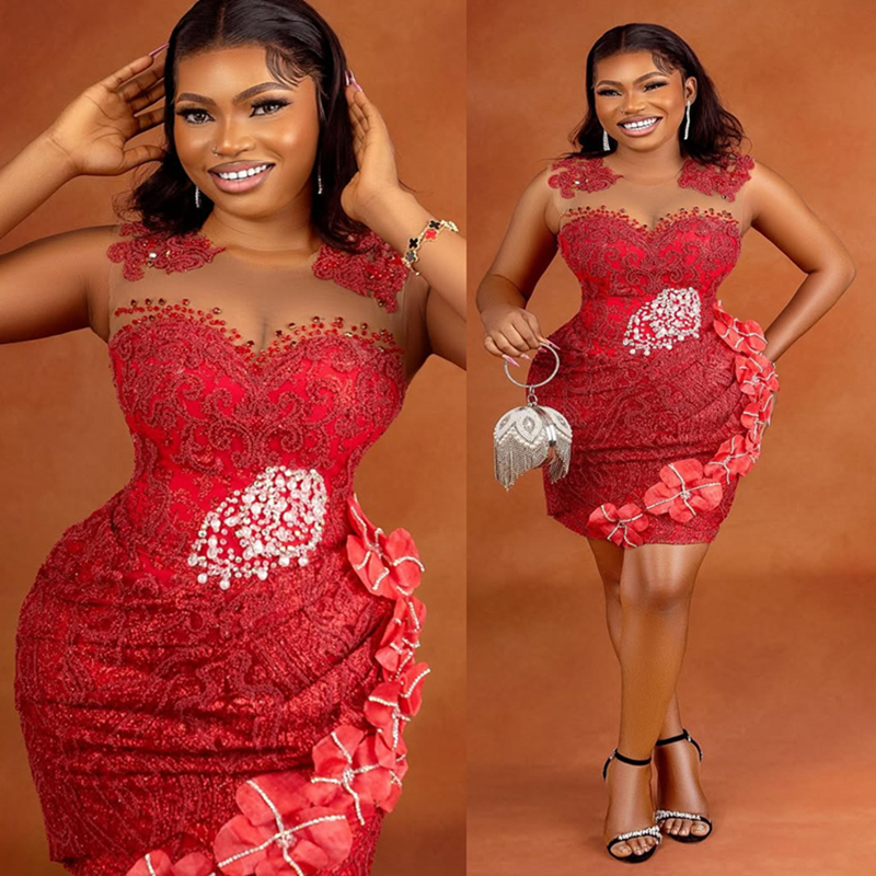 2025 Aso Ebi Red Cocktail Dresses For Women Short Prom Dresses Mini Dresses Birthday Dresses Appliqued Beaded Sequined Lace Flora Gowns For Special Oc