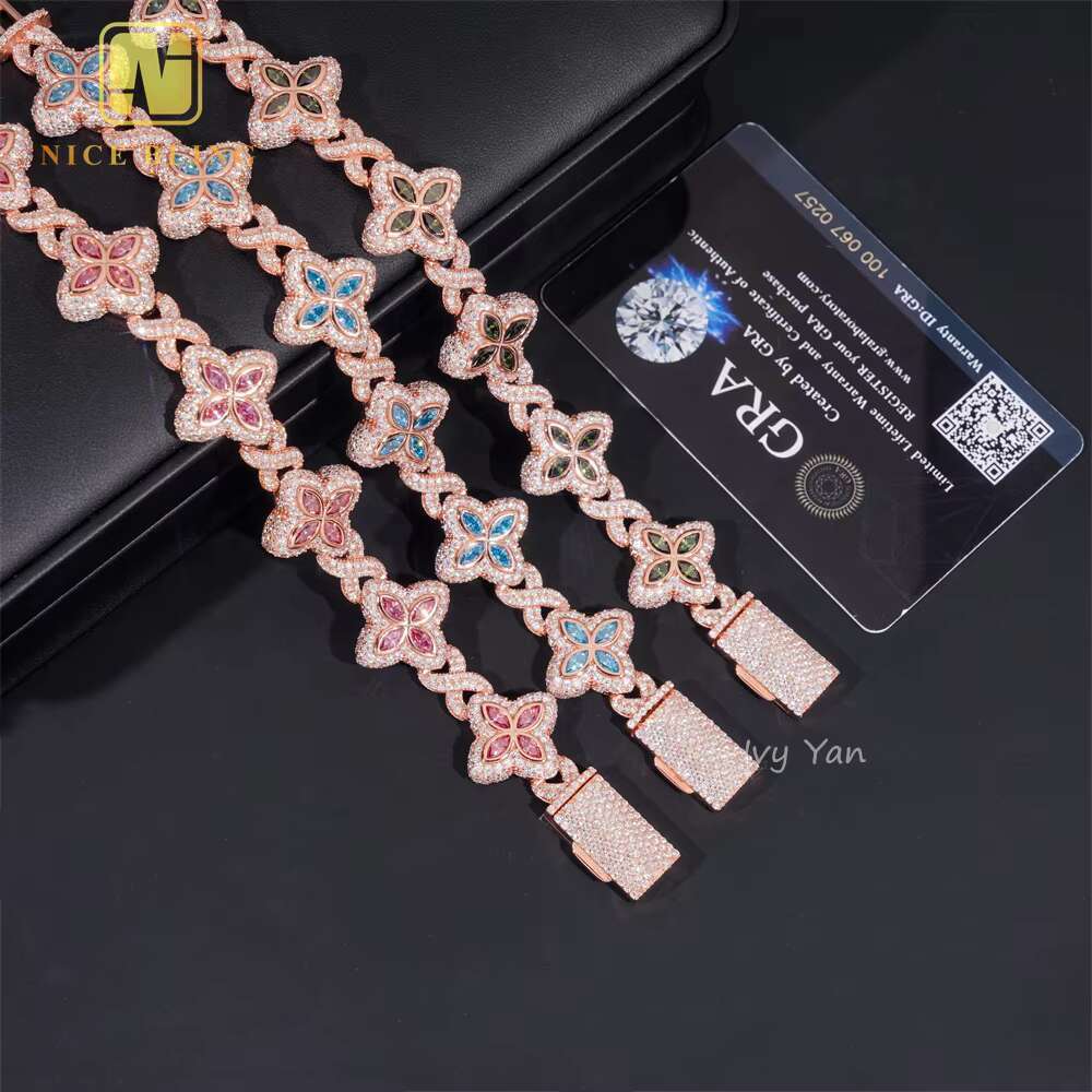 Rich Color Luxury Flower Design 18mm Custom Iced Out Hip Hop Unisex Jewelry Cuban Link Chain 925 Silver VVS Moissanite Bracelet