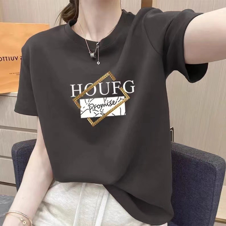 Designer women's T-shirt with pure cotton short sleeves for the summer of 2025Korean version loose round neck top, printed versatile plus size tr