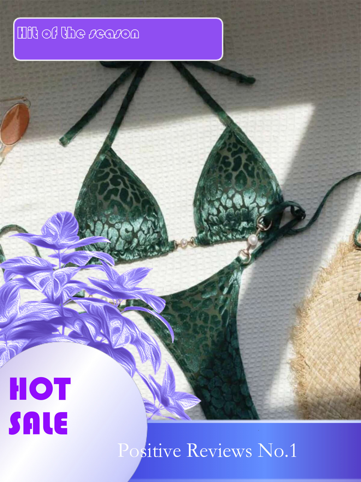Dongdumaoyi Sexy Green Leopard Print Bikini Set Women Halter Push Up Bra Pearl Triangle Swimsuit Brazilian Bathing Suit Thong Swimwear