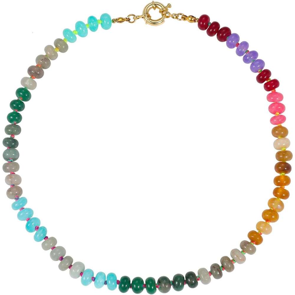 Beaded Gemstone for Women, Colorful Boho Bead Choker Natural Stone Freshwater Pearl Surfer Beach Necklace 14K Gold Plated Summer Handmade Jewelry Gift