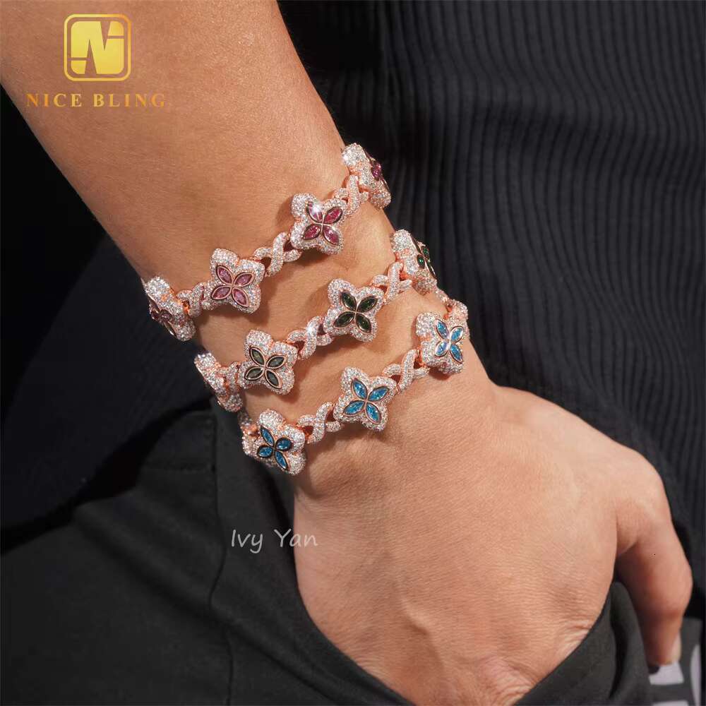 Rich Color Luxury Flower Design 18mm Custom Iced Out Hip Hop Unisex Jewelry Cuban Link Chain 925 Silver VVS Moissanite Bracelet