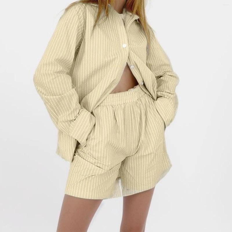 Womens Tracksuits Loungwear Tracksuit Women Shorts Set Stripe Long Sleeve Shirt Tops And Loose High Waisted Mini Two Piece 2025