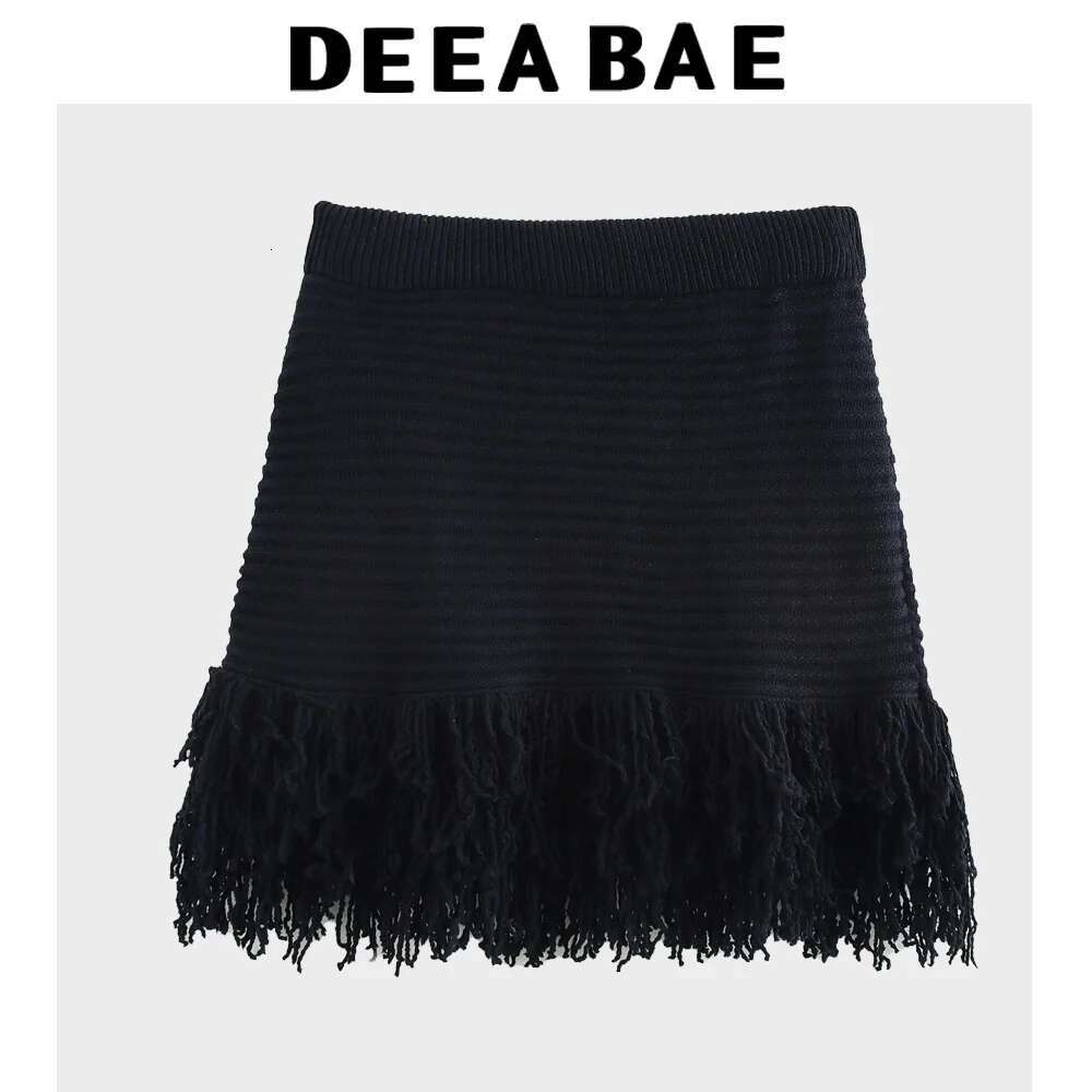 DEEABAE Korean Version Women's Tassel Embellishment Temperament Lapel Long Sleeved Knitted Cardigan High Waisted Skirt Set