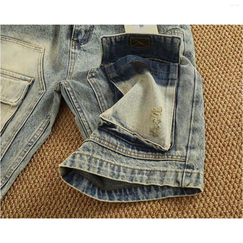 Lanjia- Men's Shorts Summer Denim Medium Pants Fashion Men High Street Trend Baggy Multi-Pocket Cargo Quarter 53F1a