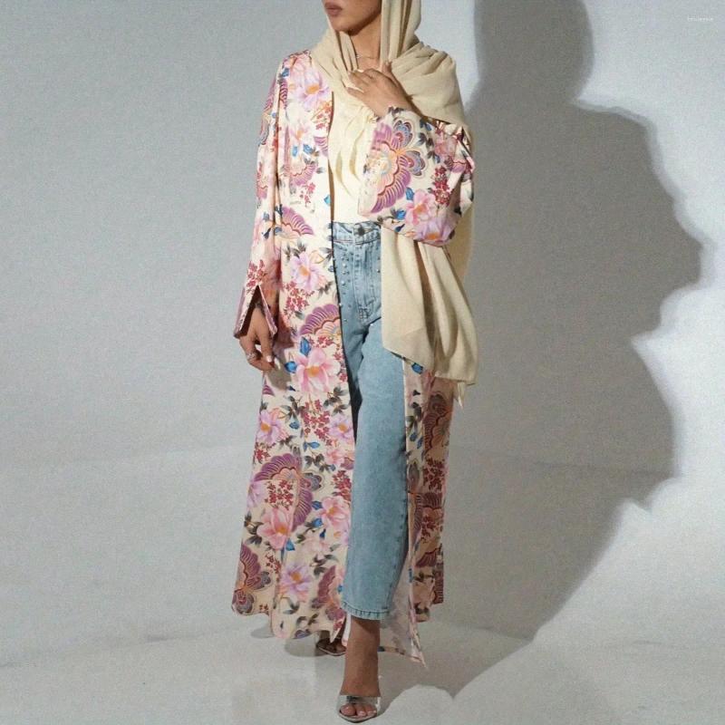 Ethnic Clothing Middle Eastern Women Loose Abaya Muslim Full Sleeve Printed Floral Open Front Abayas Jilbabs Islamic Maxi Dresses Turkey