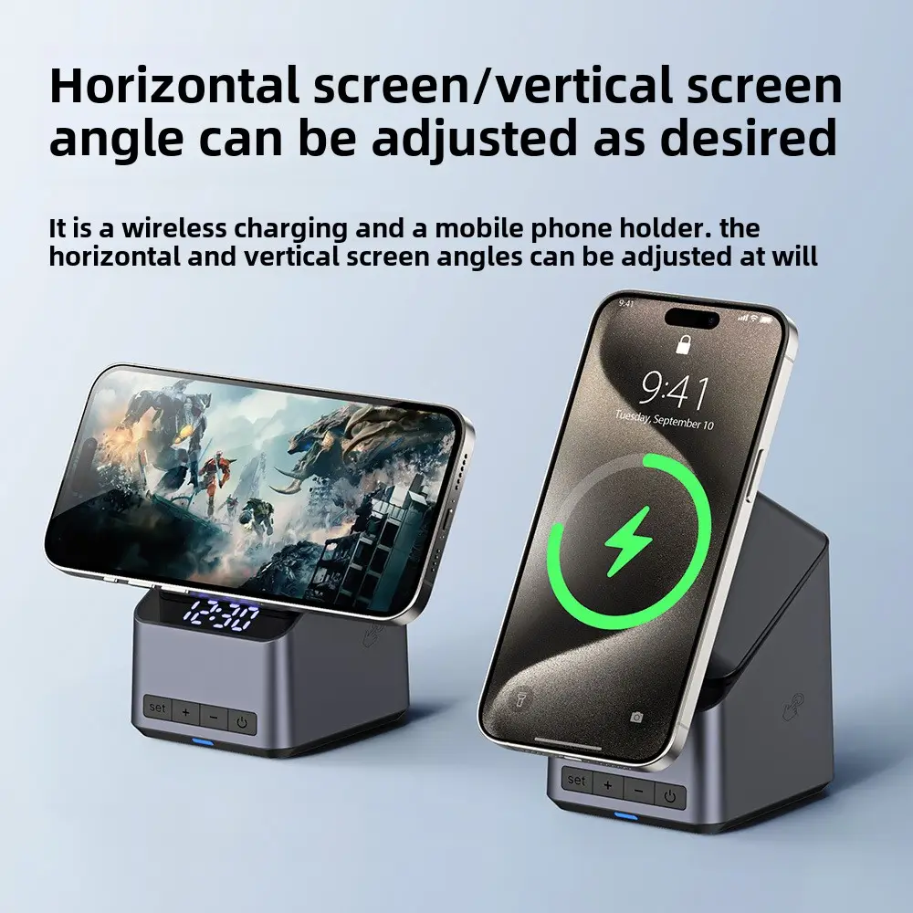 4-in-1 Magnetic Wireless Charger Stand with Auto-Rotating Phone Holder, 15W Fast Charging, LED Desk Clock & Touch Control | Smart Desk Organizer