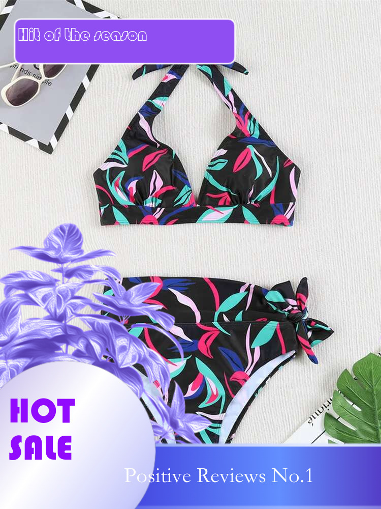 Dongdumaoyi Vintage High Waist Bikini Set Women Black Leave Print Push Up Belt Two Piece Swimsuit Summer Bathing Swimming Suit Swimwear