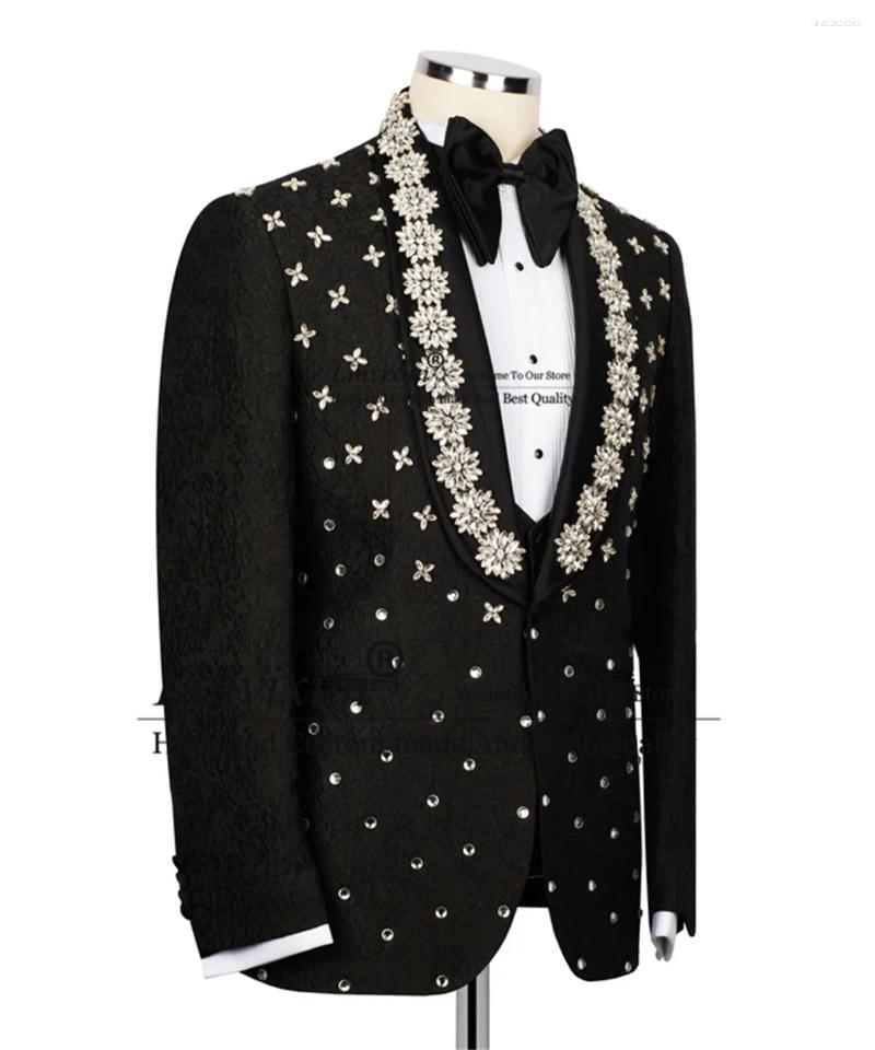 Men's Suits Sparkly Beaded Ornament Tuxedos Men 3 Piece Sets Wedding Groom Male Prom Blazers Customized Slim Dinner Trajes Para Hombre