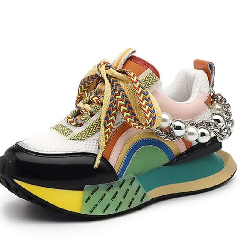 Light Luxury Designer Shoes Women's Genuine Leather Sports Shoes Lace Up Rainbow Color Platform Pearl Chain Patch Fashionable Girls' Breatha