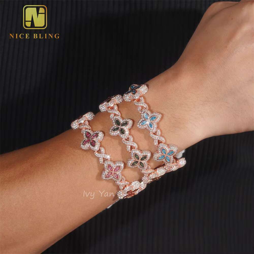 Rich Color Luxury Flower Design 18mm Custom Iced Out Hip Hop Unisex Jewelry Cuban Link Chain 925 Silver VVS Moissanite Bracelet